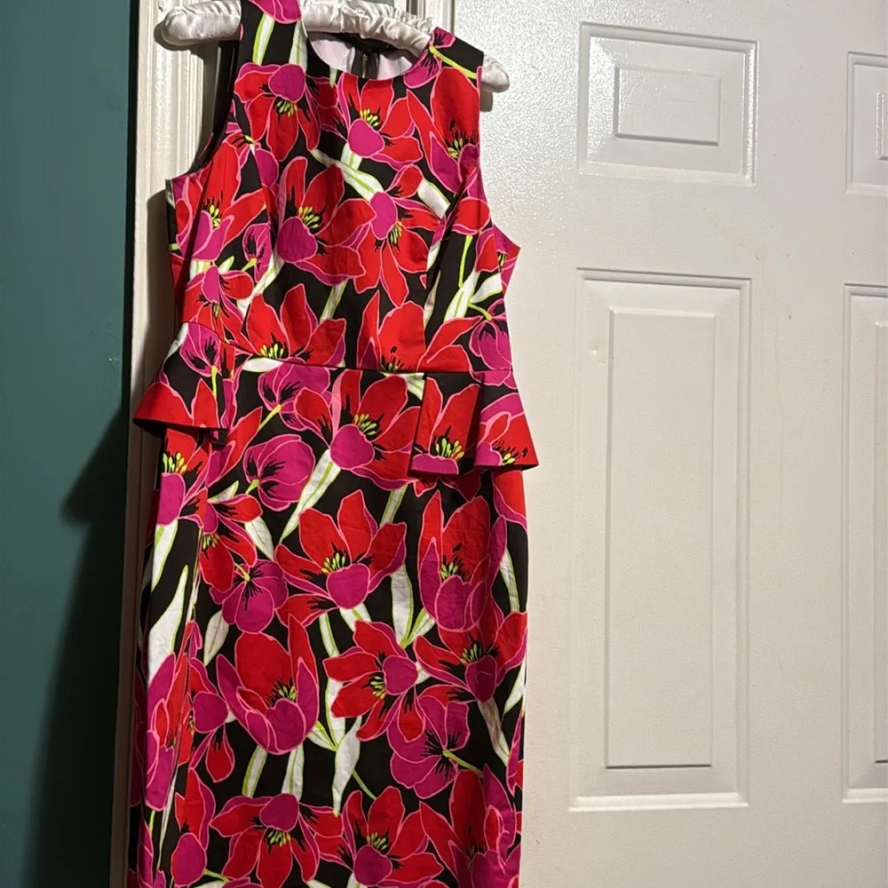 KATE SPADE Sz 14 RIO SLEEVELESS PEPLUM DRESS SHEATH Floral TROPICAL RED/PINK. - Picture 12 of 16
